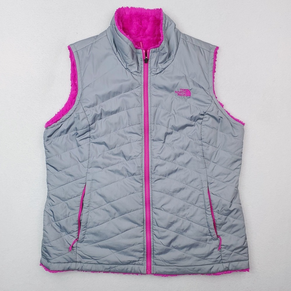 North Face Vest Womens Extra Large Gray Pink Quilted Reversible Fuzzy Soft